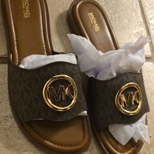 Michael Kors Brown Slides with Gold Logo